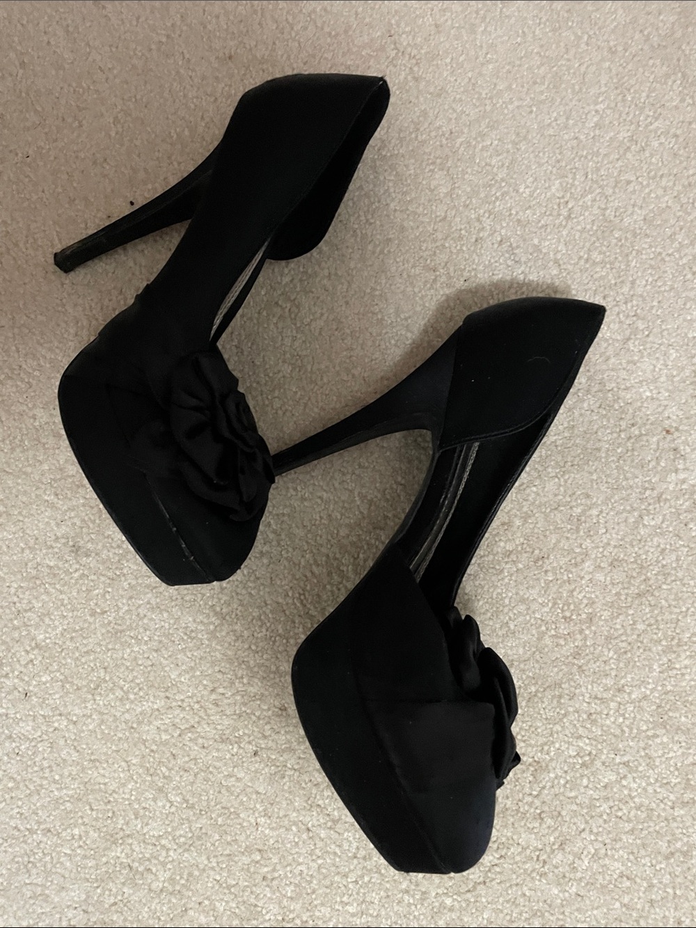 Black Platform Stiletto Heels with Rosette Accent